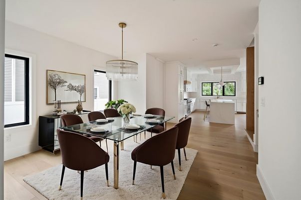 Chandelier, Dining room, Interior, Pendant Lights, Recessed Lighting, Wood Texture Flooring