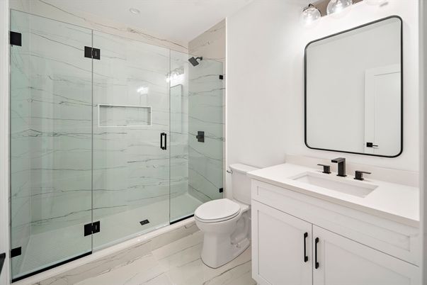 Bathroom, Glass Shower, Interior, Marble, Marble Walls, Recessed Lighting