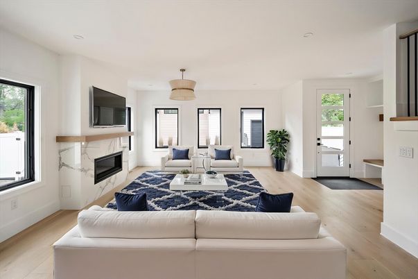 Fireplace, Interior, Living room, Pendant Lights, Recessed Lighting, Wood Texture Flooring