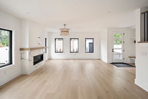 Empty room, Fireplace, Interior, Pendant Lights, Recessed Lighting, Wood Texture Flooring