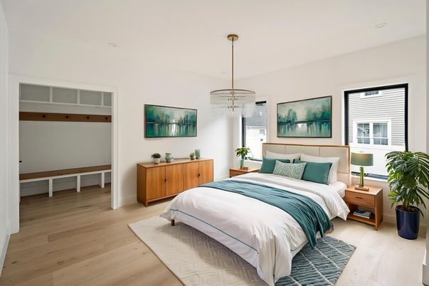 Bedroom, Chandelier, Interior, Pendant Lights, Wood Texture Flooring