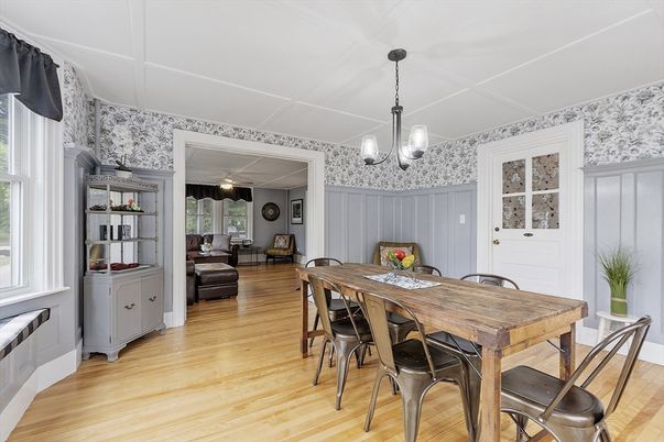 Dining room, Interior, Pendant Lights, Wood Texture Flooring