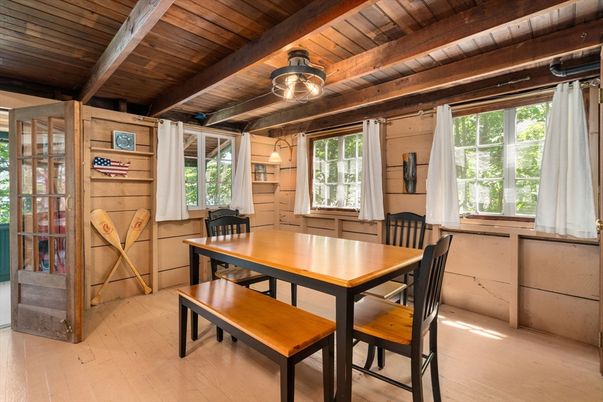 Dining room, Interior, Pendant Lights, Wooden Beams, Wooden Ceilings, Wood Texture Flooring