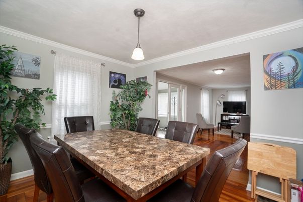 Dining room, Interior, Pendant Lights, Wood Texture Flooring