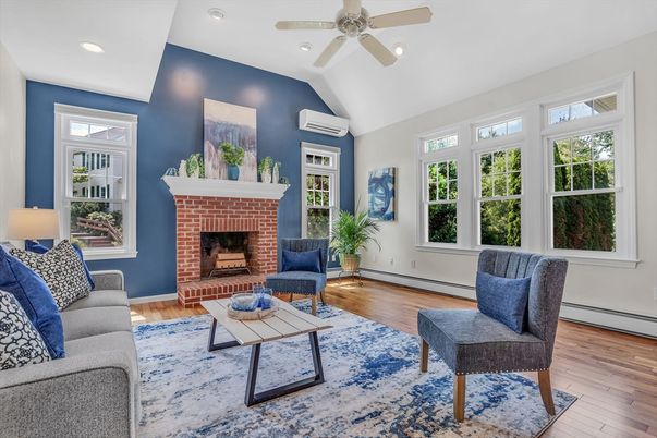 Fireplace, Interior, Living room, Recessed Lighting, Wood Texture Flooring
