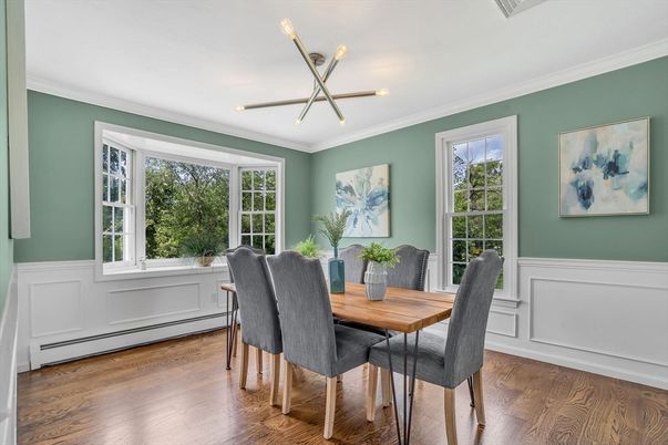 Dining room, Interior, Pendant Lights, Wood Texture Flooring