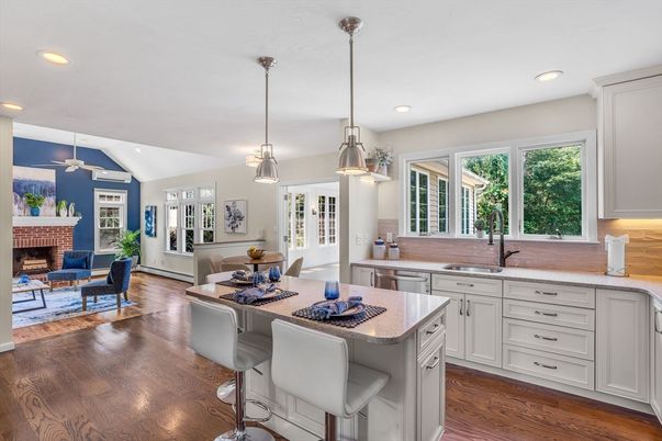 Dining room, Fireplace, Interior, Kitchen, Living room, Pendant Lights, Recessed Lighting, Wood Texture Flooring
