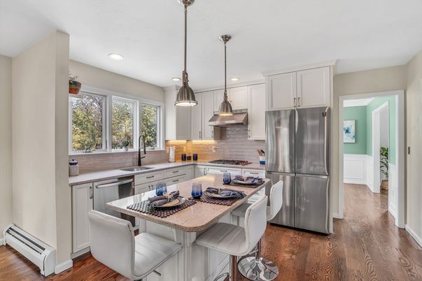Interior, Kitchen, Pendant Lights, Recessed Lighting, Stainless Steel Appliances, Wood Texture Flooring