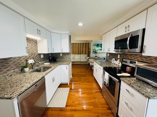 Interior, Kitchen, Recessed Lighting, Stainless Steel Appliances, Wood Texture Flooring