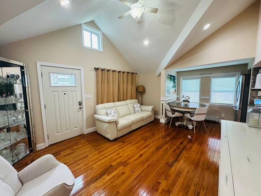 Dining room, Interior, Living room, Recessed Lighting, Wood Texture Flooring