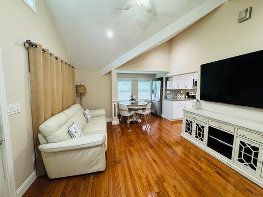 Dining room, Interior, Living room, Recessed Lighting, Wood Texture Flooring