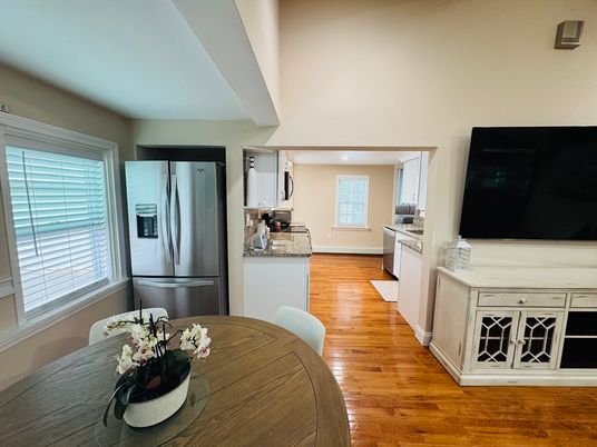 Dining room, Interior, Kitchen, Recessed Lighting, Stainless Steel Appliances, Wood Texture Flooring