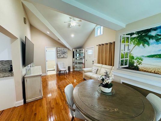 Dining room, Interior, Living room, Recessed Lighting, Wood Texture Flooring