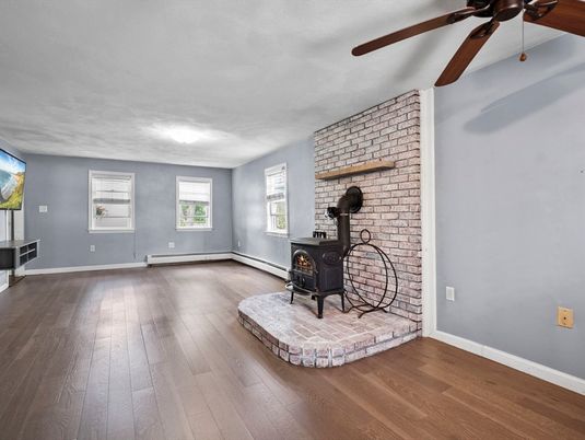 Empty room, Fireplace, Interior, Stone Walls, Wood Texture Flooring