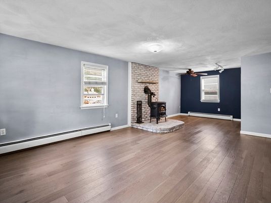 Empty room, Fireplace, Interior, Stone Walls, Wood Texture Flooring
