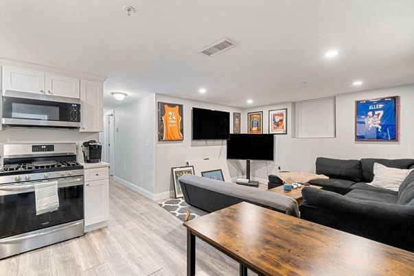 Interior, Kitchen, Living room, Recessed Lighting, Stainless Steel Appliances, Wood Texture Flooring