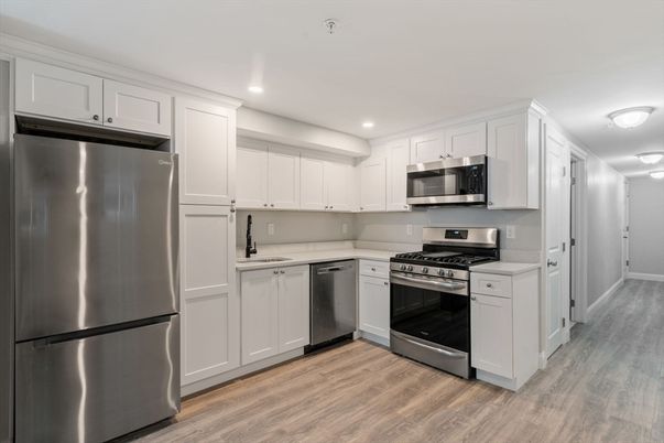Interior, Kitchen, Recessed Lighting, Stainless Steel Appliances, Wood Texture Flooring