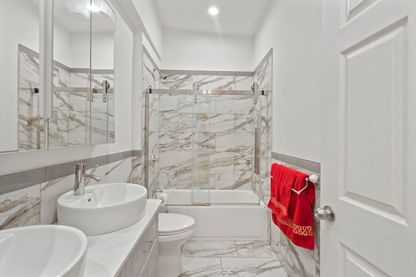 Bathroom, Glass Shower, Interior, Marble, Marble Walls, Recessed Lighting