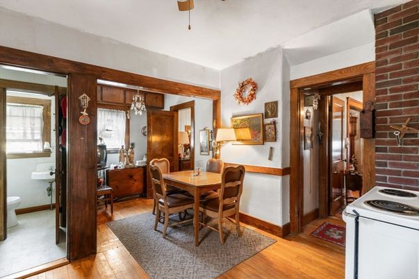 Bathroom, Chandelier, Dining room, Interior, Stone Walls, Wood Texture Flooring