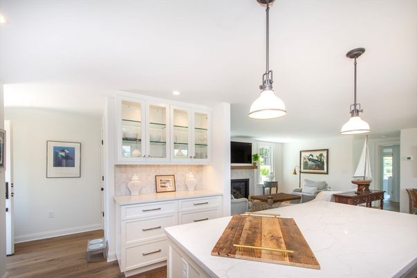 Fireplace, Interior, Kitchen, Living room, Pendant Lights, Recessed Lighting, Wood Texture Flooring