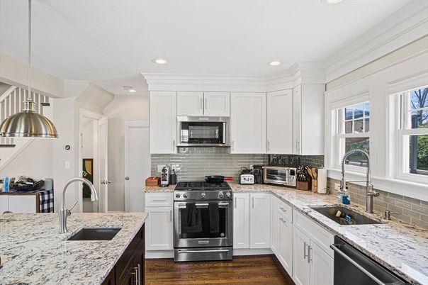 Interior, Kitchen, Pendant Lights, Recessed Lighting, Stainless Steel Appliances, Wood Texture Flooring