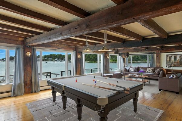 Billiard Table, Game Room, Interior, Living room, Pendant Lights, Water, Wooden Beams, Wood Texture Flooring