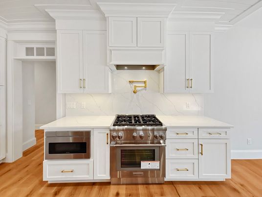 Interior, Kitchen, Marble Walls, Stainless Steel Appliances, Wood Texture Flooring