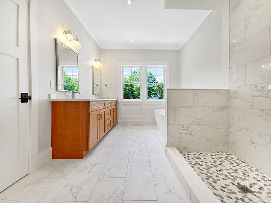 Bathroom, Dual Sink Vanities, Free Standing Baths, Interior, Marble, Marble Walls, Recessed Lighting