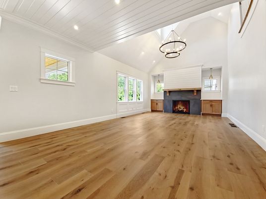Chandelier, Empty room, Fireplace, Interior, Pendant Lights, Recessed Lighting, Wood Texture Flooring