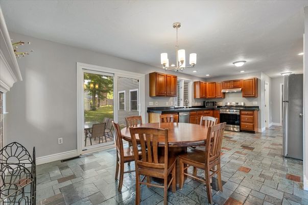 Chandelier, Dining room, Interior, Kitchen, Pendant Lights, Recessed Lighting, Stainless Steel Appliances