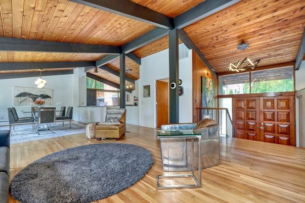 Dining room, Fireplace, Interior, Pendant Lights, Wooden Beams, Wooden Ceilings, Wood Texture Flooring