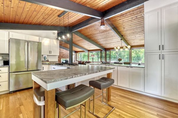 Interior, Kitchen, Pendant Lights, Stainless Steel Appliances, Wooden Beams, Wooden Ceilings, Wood Texture Flooring