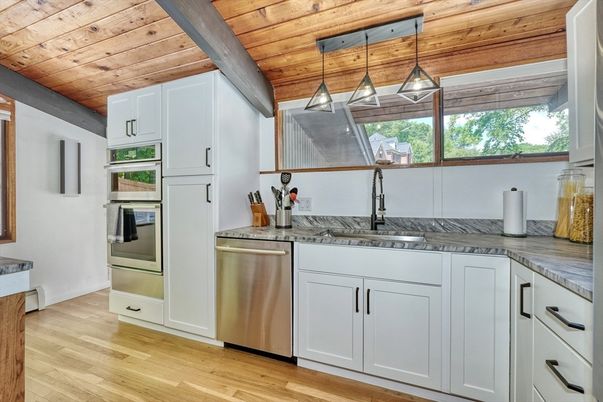 Interior, Kitchen, Pendant Lights, Stainless Steel Appliances, Wooden Ceilings, Wood Texture Flooring