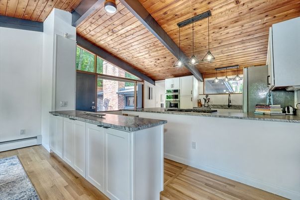 Interior, Kitchen, Pendant Lights, Wooden Ceilings, Wood Texture Flooring