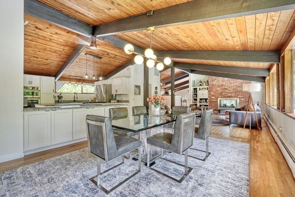 Dining room, Fireplace, Interior, Kitchen, Living room, Pendant Lights, Stone Walls, Wooden Beams, Wooden Ceilings, Wood Texture Flooring