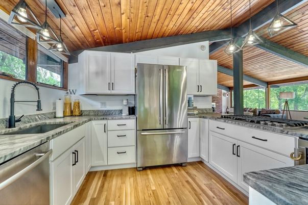 Interior, Kitchen, Pendant Lights, Stainless Steel Appliances, Wooden Ceilings, Wood Texture Flooring