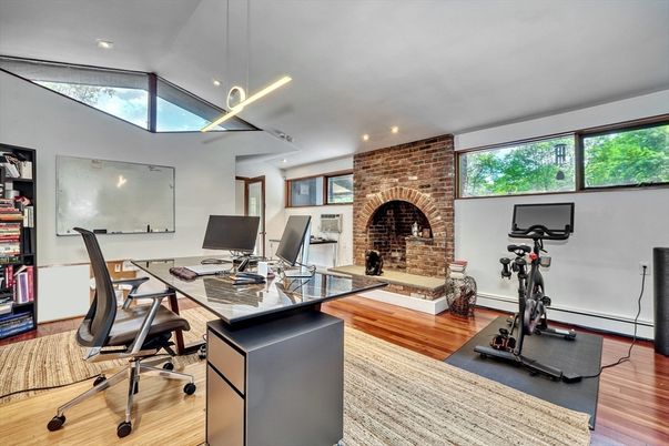 Fireplace, Fitness Equipment, Home Office, Interior, Recessed Lighting, Stone Walls, Wood Texture Flooring