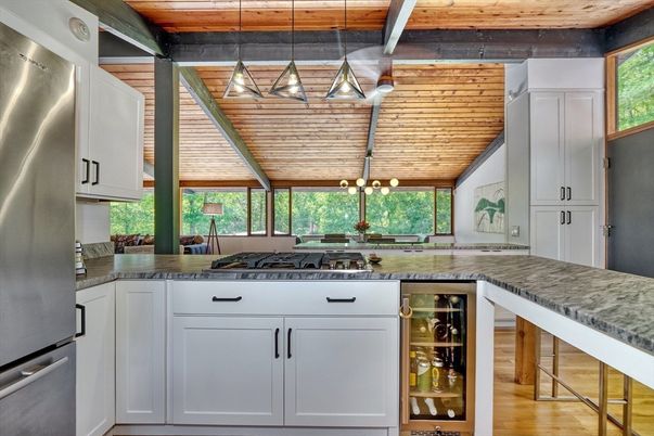 Interior, Kitchen, Pendant Lights, Stainless Steel Appliances, Wooden Ceilings