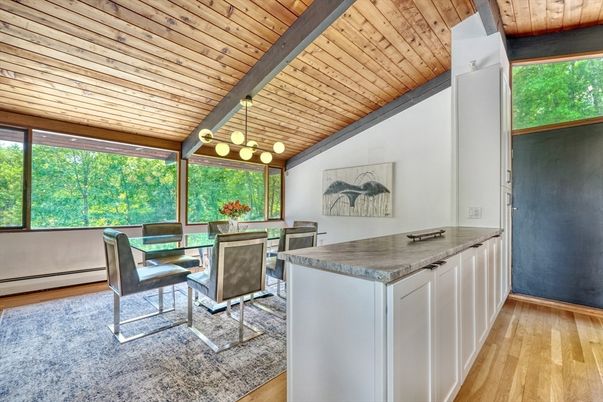 Dining room, Interior, Pendant Lights, Wooden Beams, Wooden Ceilings, Wood Texture Flooring
