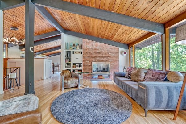Fireplace, Interior, Living room, Stone Walls, Wooden Beams, Wooden Ceilings, Wood Texture Flooring