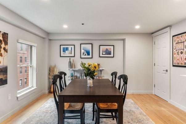Dining room, Interior, Recessed Lighting, Wood Texture Flooring