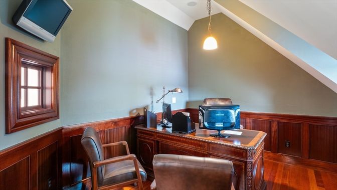 Home Office, Interior, Pendant Lights, Wood Texture Flooring