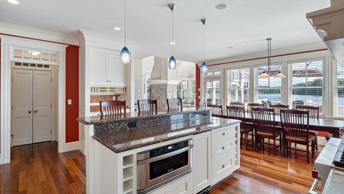 Dining room, Interior, Kitchen, Pendant Lights, Recessed Lighting, Water, Wood Texture Flooring