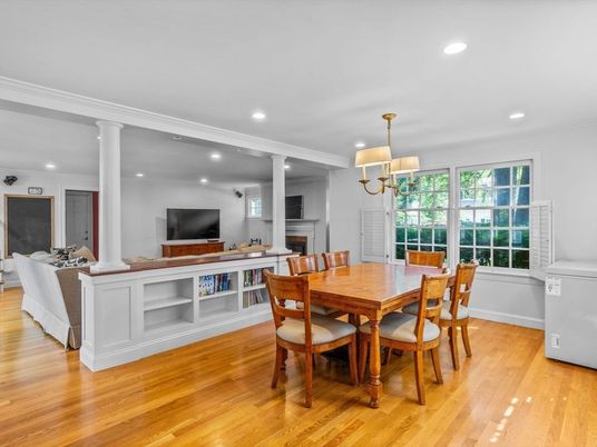 Dining room, Fireplace, Interior, Living room, Pendant Lights, Recessed Lighting, Wood Texture Flooring
