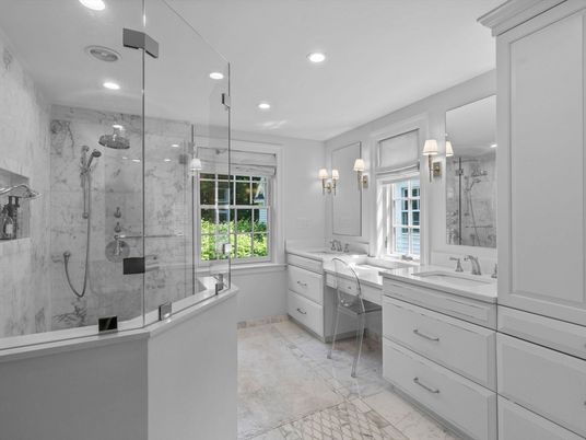 Bathroom, Glass Shower, Interior, Marble, Marble Walls, Recessed Lighting
