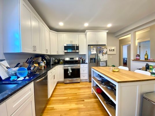 Interior, Kitchen, Recessed Lighting, Stainless Steel Appliances, Wood Texture Flooring