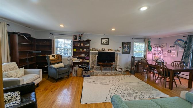 Dining room, Interior, Recessed Lighting, Wood Texture Flooring