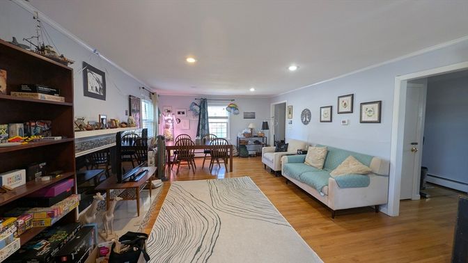 Dining room, Fireplace, Interior, Living room, Recessed Lighting, Wood Texture Flooring