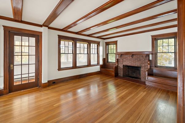 Empty room, Fireplace, Interior, Wooden Beams, Wood Texture Flooring