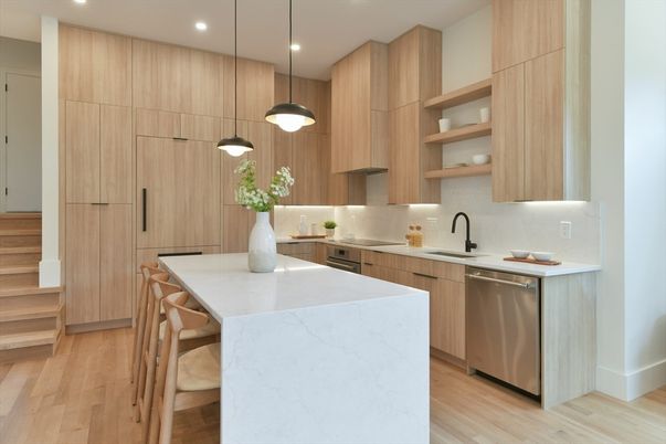 Interior, Kitchen, Pendant Lights, Recessed Lighting, Stainless Steel Appliances, Wood Texture Flooring